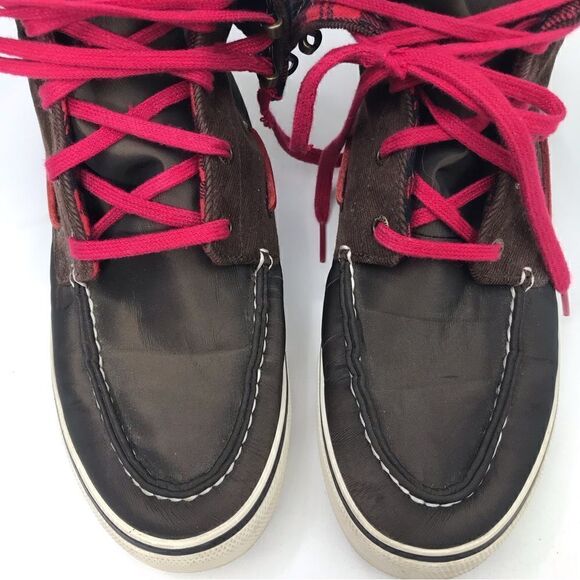 Sperry Top Sider Brown Corduroy Canvas Red Flannel Plaid High Top Sneaker Shoes - Picture 9 of 15